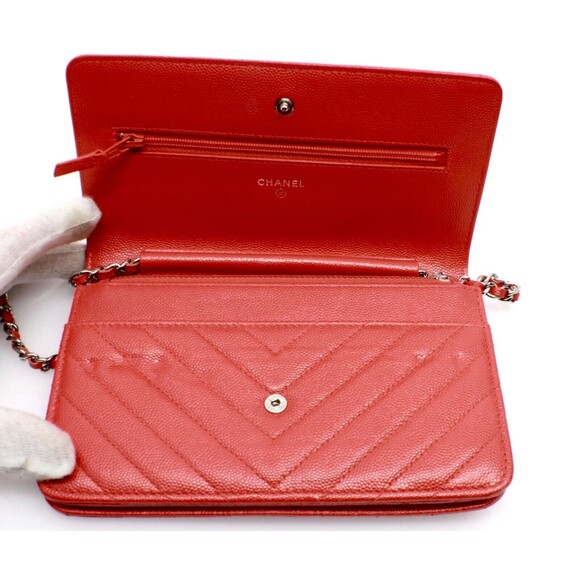 Chanel Caviar Quilted Chevron Wallet On Chain Red - Picture 6 of 11